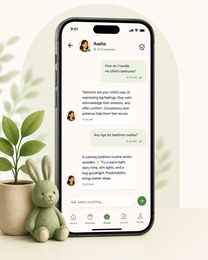 Tiny Roots AI companion chat on a phone, answering a parent's question about handling toddler tantrums and bedtime routines