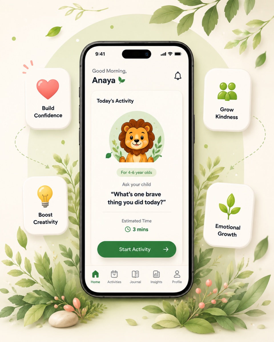 Tiny Roots app showing "Today's Activity" for Anaya, with floating badges for Build Confidence, Grow Kindness, Boost Creativity, Emotional Growth