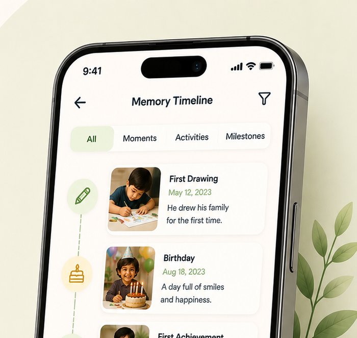 Tiny Roots memory journal on a phone, showing a timeline of captured moments and milestones