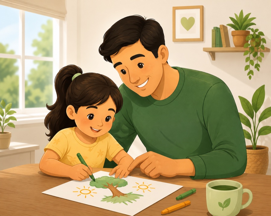 A parent and child sitting together at a table, drawing