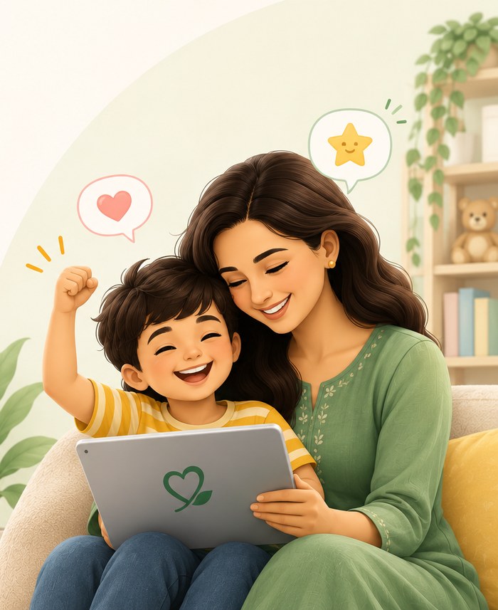 A mother and child smiling together while looking at a tablet showing the Tiny Roots app
